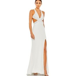 MAC DUGGAL FLORAL SEQUINED CRISS CROSS BODICE GOWN DRESS
